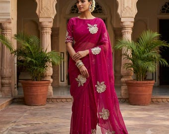 Embroidered Chiffon Saree, Sequence Work, Indian Wedding Party Wear