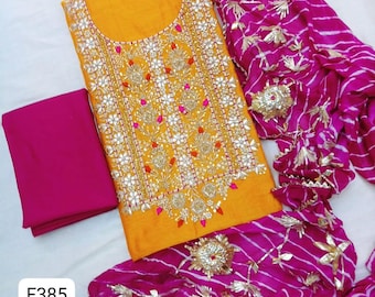Handgemachtes Chanderi Kurta Set mit Dupatta - Zardozi Neck Work Indischer Anzug