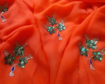 Soft Chiffon Saree with Embroidery & Sequin Work, Lightweight Festive Sari, Indian Wedding Guest Outfit