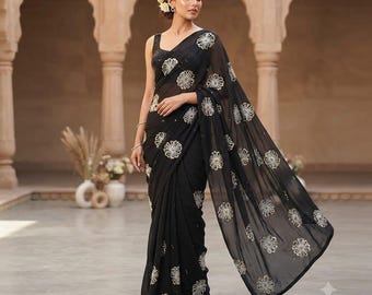Soft Plain Chiffon Saree with Ready to Wear Blouse | Simple Saree for Bridesmaid and Festive Wear | Lightweight Flowy Bollywood Sari