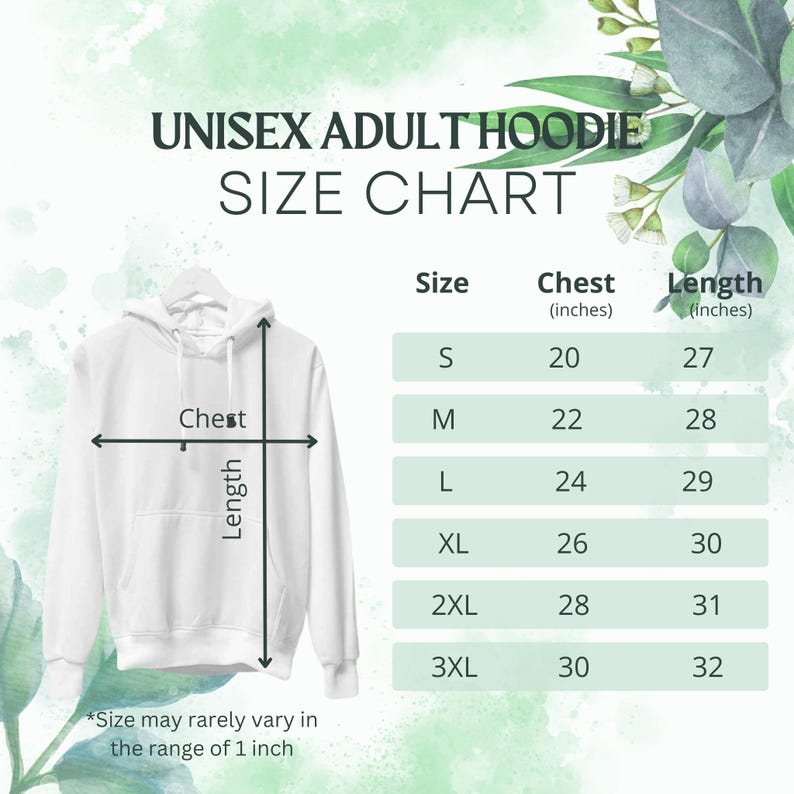 May include: White unisex adult hoodie with a size chart. The chart lists chest and length measurements in inches for sizes S to 3XL. The text reads "UNISEX ADULT HOODIE SIZE CHART". The hoodie is displayed on a hanger.