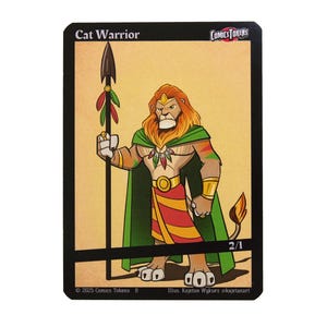 May include: A trading card featuring a lion-like warrior holding a spear with feathers. The card is titled "Cat Warrior" and has a black border. The warrior wears a green cape and a red and yellow skirt. The card has the Comics Tokens logo.
