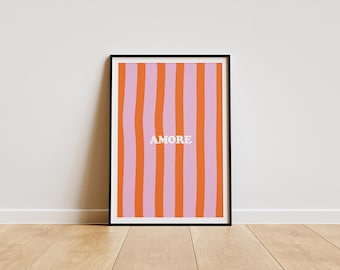 Amore-muurkunstposter, roze en oranje streepposter, modern woondecoratie