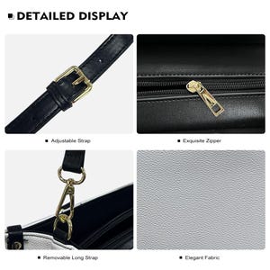 Puede incluir: Visualizaci&oacute;n detallada de un bolso de mano en blanco y negro. Incluye una correa ajustable con hebilla dorada, una cremallera dorada exquisita, una correa larga extra&iacute;ble con cierre dorado y una elegante tela texturizada.