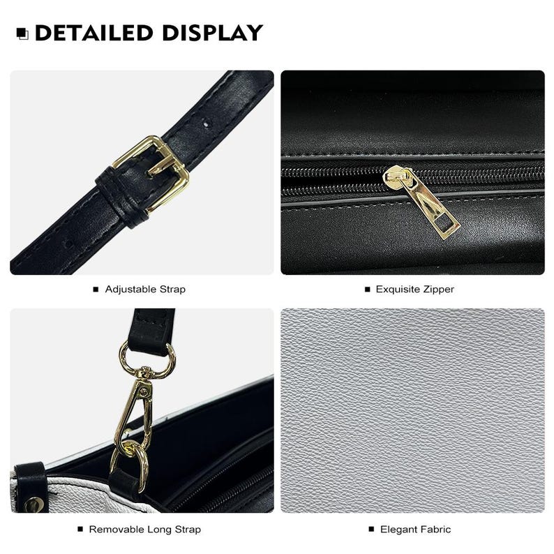 Puede incluir: Visualizaci&oacute;n detallada de un bolso de mano en blanco y negro. Incluye una correa ajustable con hebilla dorada, una cremallera dorada exquisita, una correa larga extra&iacute;ble con cierre dorado y una elegante tela texturizada.