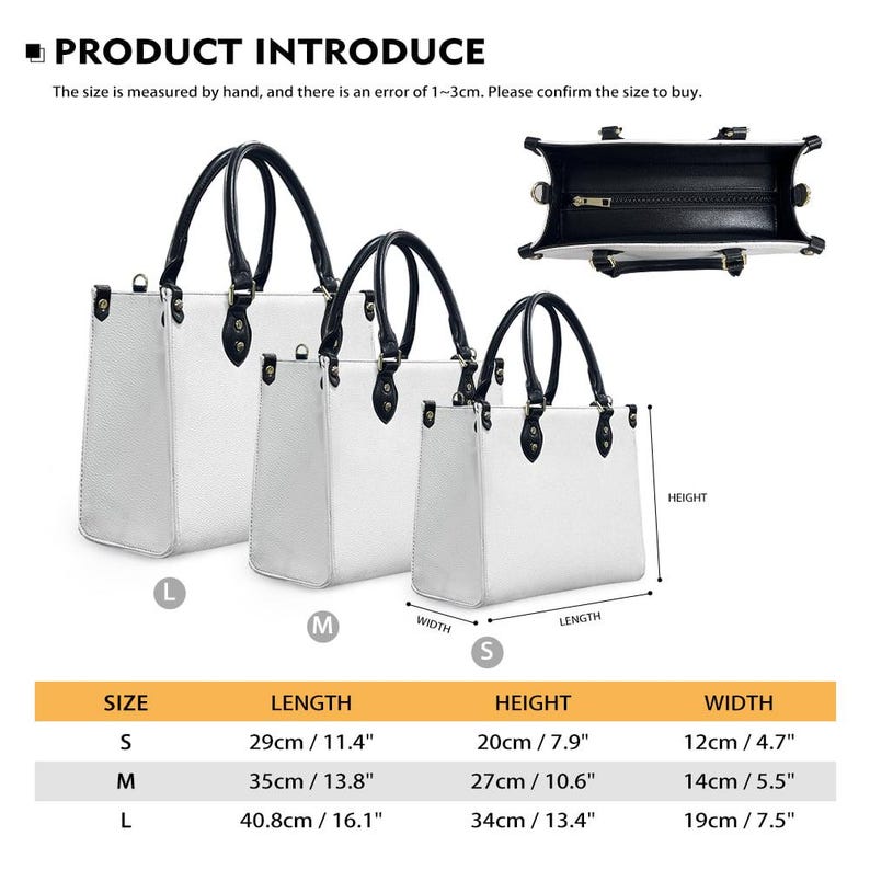 Puede incluir: Bolsos tote blancos en tres tama&ntilde;os, con asas y detalles en negro. La imagen incluye una tabla de tallas con medidas en cent&iacute;metros y pulgadas. El texto en la parte superior dice "PRODUCT INTRODUCE".