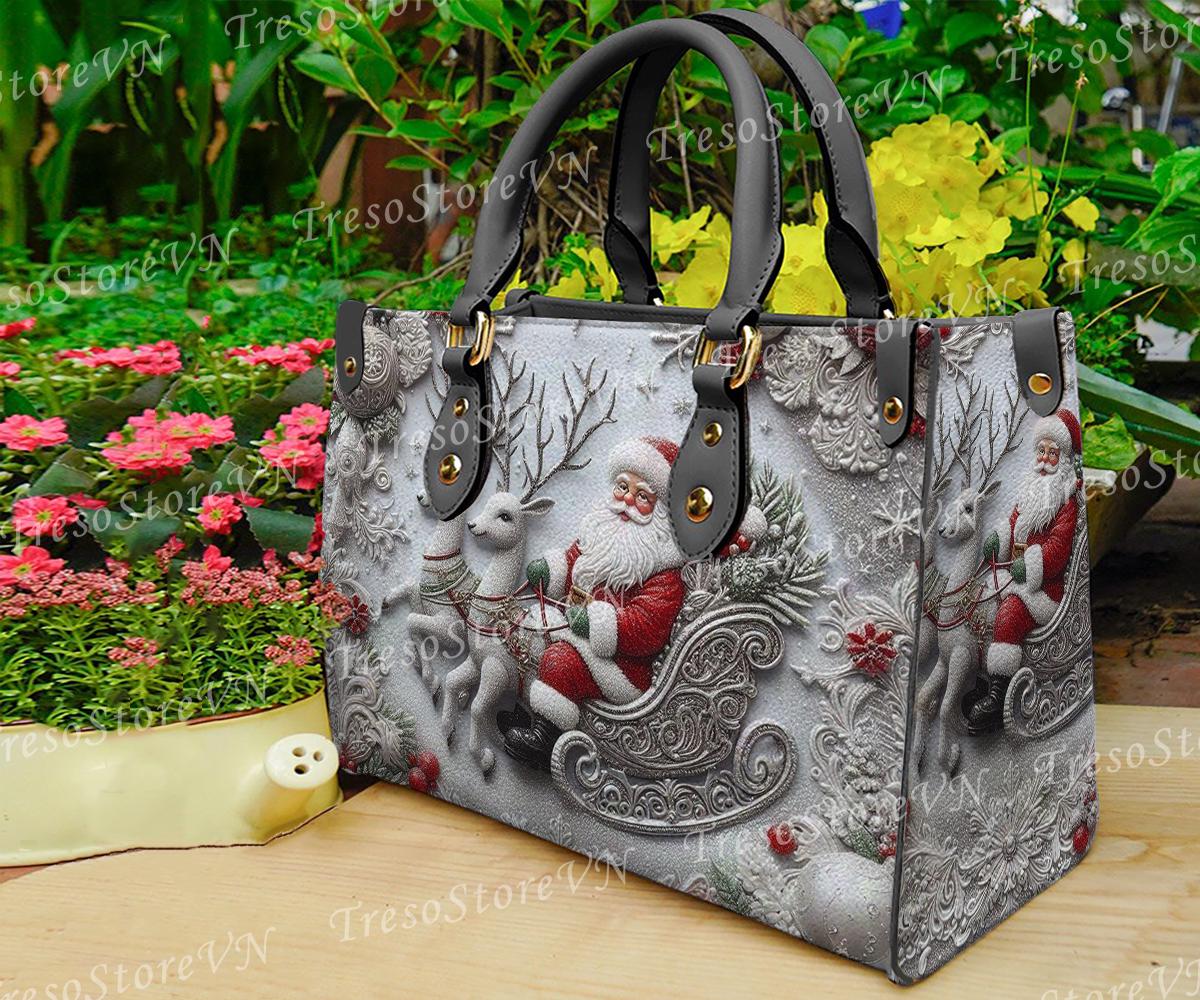 Discover Merry Christmas Santa Claus Women Leather Bag, Christmas Lover Handbag, Christmas Lover Gifts, Christmas Handbag