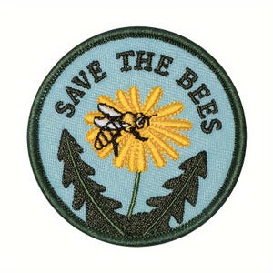 Save The Bees Embroidered Patch, Honey Bee Flower Iron On Applique, Nature Lover Badge