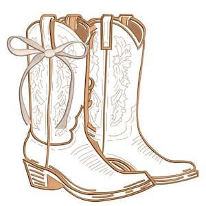 May include: A pair of white cowboy boots with brown stitching and accents. The boots feature decorative floral embroidery and a light-colored bow tied around the top of one boot. The boots have a classic western design.