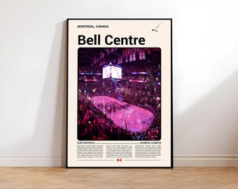 May include: A framed poster featuring the Bell Centre in Montreal, Canada. The image shows a hockey arena filled with spectators, illuminated in pink and purple hues. Text at the top reads "MONTREAL, CANADA" and "Bell Centre".