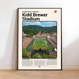 May include: A framed poster featuring Kidd Brewer Stadium in Boone, North Carolina. The stadium is shown from an aerial view, with a green football field and seating areas filled with spectators. The poster includes text with the stadium's name and location.