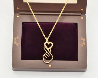 14K Gold Plated Korean Finger Heart Necklace, K-Pop Love Pendant