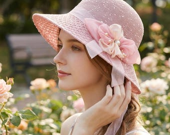Sombrero de paja tipo cubo para mujer / Sombrero de ala ancha para el sol en verano / Sombrero de playa plegable / Gorra con protección UV / Sombrero elegante e informal para exteriores
