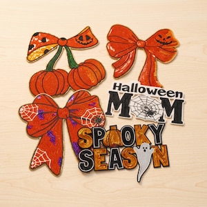 Écussons à paillettes d'Halloween, écussons nœud citrouille, maman d'Halloween, saison des frissons, appliqués brodés thermocollants pour vestes et sacs