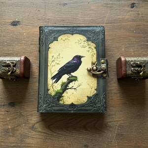 Pu&ograve; includere: Un diario decorativo con un'illustrazione di un corvo nero sulla copertina. Il corvo &egrave; appollaiato su un ramo muschioso su uno sfondo simile a pergamena. Il diario ha una cornice e una chiusura scure, con due piccole scatole di legno su entrambi i lati.