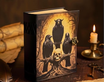 Raven Skull Leather Journal – Handmade Gothic Notebook, Witchcraft Book of Shadows, Vintage Leather Grimoire