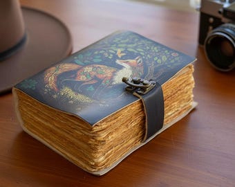 Fox Vintage Leather Journal Grimoire, Blank Spell Book of Shadows, Thick Notebook for Men