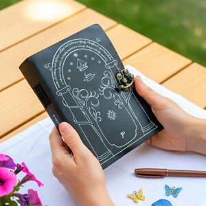 Puede incluir: Un diario de cuero negro con una ilustraci&oacute;n blanca y un cierre de metal. La cubierta presenta un dise&ntilde;o arqueado con una corona y un motivo de &aacute;rbol. El diario est&aacute; abierto, revelando las p&aacute;ginas interiores.