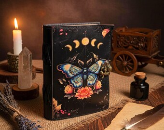 Leather Journal Spell Book of Shadows, Moth with Moon Phases | Witchy Grimoire, Boho