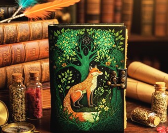 Fox Leather Journal – Book of Shadows,  Handmade Vintage Grimoire, Wiccan Notebook, Celestial Writing Diary