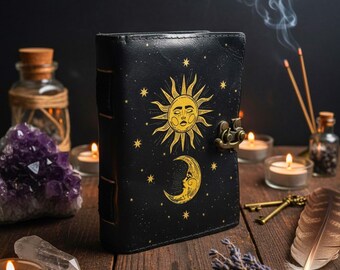 Diario de cuero Sol y Luna – Libro de las Sombras, Cuaderno celestial hecho a mano, Grimorio vintage, Regalo mágico