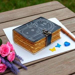 Puede incluir: Un diario de cuero azul oscuro con un dise&ntilde;o blanco ornamentado en la portada, asegurado con un cierre. Las p&aacute;ginas envejecidas son visibles. Un bol&iacute;grafo y adornos decorativos en forma de mariposa y coraz&oacute;n est&aacute;n cerca.