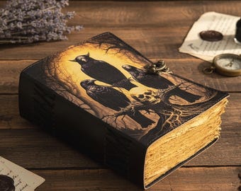 Raven & Skull Leather Journal – Handmade Dark Gothic Notebook, Witchcraft Book of Shadows