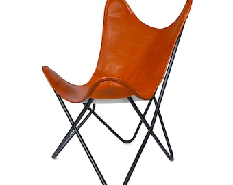 Handcrafted Leather Sling Chair | Mid-Century Butterfly Seat | Boho Lounge Chair | Industrial & Rustic Home Decor