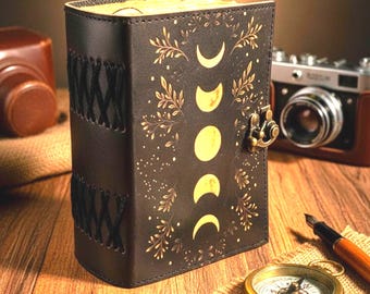 Grimorio de cuero hecho a mano con las fases lunares, 400 páginas: Diario vintage en blanco, Libro de hechizos de las sombras