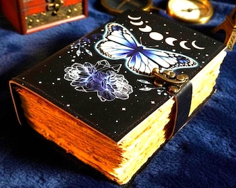Butterfly Moon Phases Leather Journal – Handmade Celestial Notebook, Lunar Witchcraft Book of Shadows