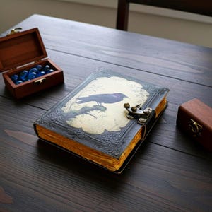 Pu&ograve; includere: Un diario rilegato in pelle con un'illustrazione di un corvo sulla copertina. Il diario ha una chiusura in metallo e pagine dall'aspetto invecchiato. Una piccola scatola di legno con perline di vetro blu suggerisce un tema gotico o fantasy.