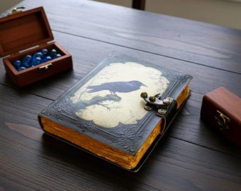 Large Raven Leather Journal – Handmade Gothic Notebook, Witchcraft Book of Shadows, Vintage Leather Grimoire