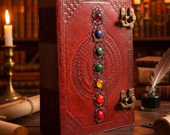 Libro de las sombras familiar extragrande de cuero, diario de chakras hecho a mano, grimorio para mujeres