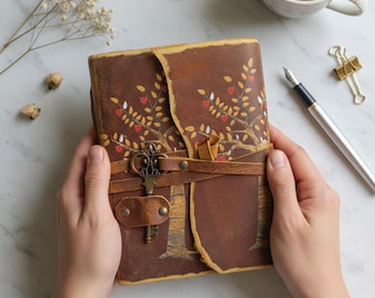 Tree of Life Leather Journal with Key Lock | Handmade Vintage Diary | Refillable Notebook