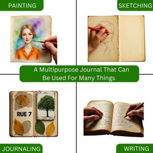 May include: A multipurpose journal is shown in four different uses: painting, sketching, journaling, and writing. The journal is open in each image, with a person's hand holding a pencil or pen in each. The text "A Multipurpose Journal That Can Be Used For Many Things" is in the center.