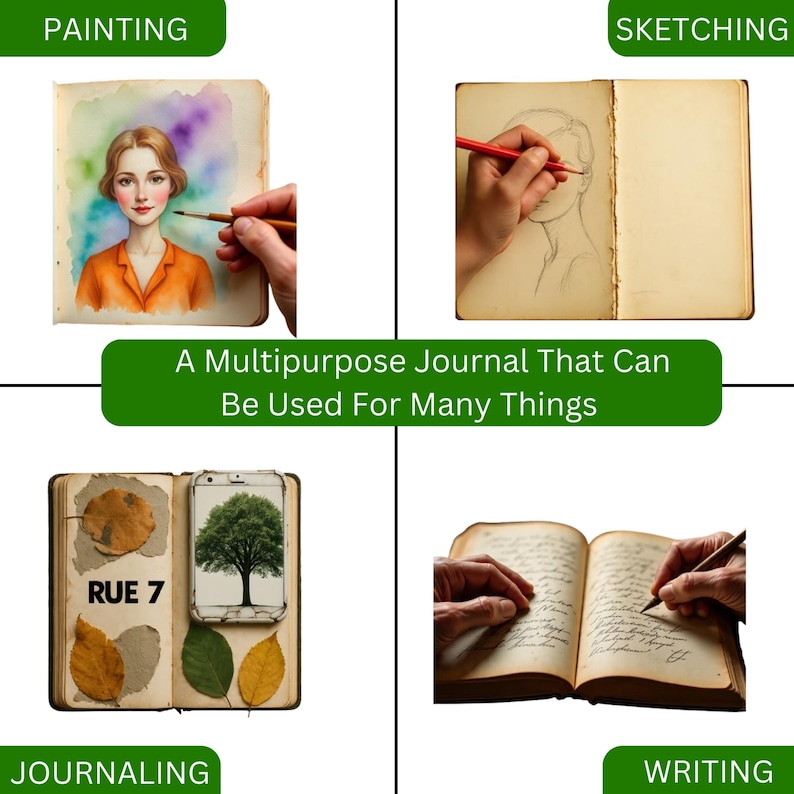 May include: A multipurpose journal is shown in four different uses: painting, sketching, journaling, and writing. The journal is open in each image, with a person's hand holding a pencil or pen in each. The text "A Multipurpose Journal That Can Be Used For Many Things" is in the center.