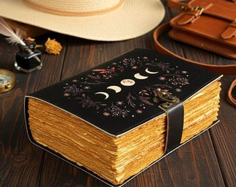 Diario de cuero con fases lunares: grimorio wiccano hecho a mano, libro celestial de las sombras y cuaderno de hechizos