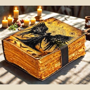 Può includere: Un grande libro in stile antico con un'illustrazione di corvo nero sulla copertina. Le pagine sono invecchiate con una tonalità dorata e un cinturino in pelle assicura il libro. Candele accese ed elementi decorativi sullo sfondo.