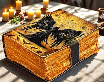 Raven Leather Journal – Handmade Gothic Grimoire, Fallen Angel Book of Shadows, Witchcraft Spellbook