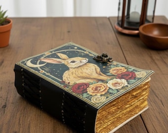 Rabbit Leather Journal – Handmade Vintage Grimoire, Moon & Floral Book of Shadows