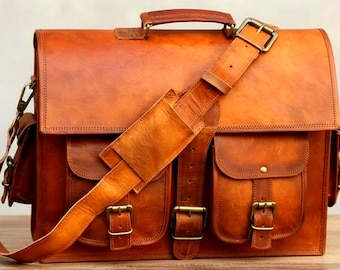 Personalized Leather Laptop Messenger Bag for Men — Monogram Crossbody Briefcase, Computer Satchel & Groomsmen Gift