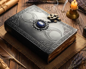 Vintage Leather Journal with Lapis Lazuli | Antique Paper | Grimoire, Wicca Book of Shadows | Sketchbook