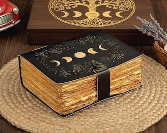 Moon Phase Leather Grimoire – Handmade Celestial Book of Shadows, Vintage Writing Notebook