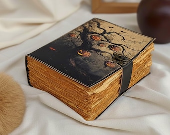 Halloween Leather Journal – Gothic Writing Notebook, Witch Spell Book, Spooky Gift for Him Her