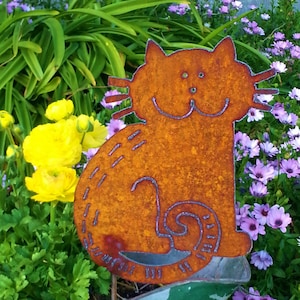 Silueta de gato de metal, arte caprichoso de metal, decoración de jardín, arte oxidado para patio, arte de jardín de metal plasma cortado a mano