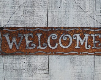 Welcome Sign, Rusty Metal Wall Hanging, Front Door Hanger, House Warming Gift, Door Hanger, Garden Art, Metal Yard Art