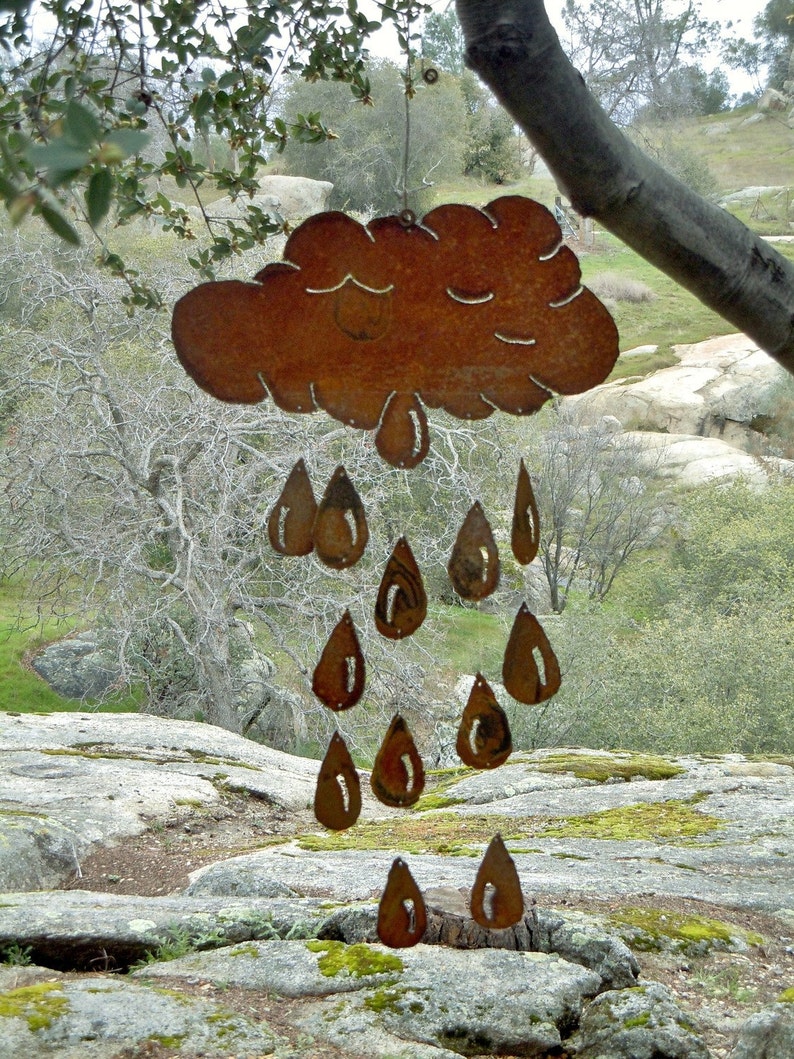 April Showers Cloud & Raindrop Rusty Metal Wind Chime image 1