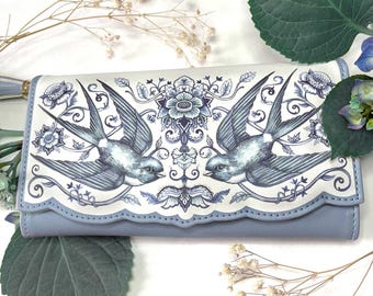 Hand-Painted Design Vegan Leather Purse Wallet: Blue Skies Ahead Coin Purse