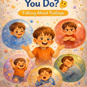 May include: A children's book cover with the title "What Would You Do?" and the subtitle "Talking About Feelings." The image features a central illustration of a smiling boy surrounded by bubbles depicting various emotions. Text at the bottom asks, "Can you name how you feel today?"