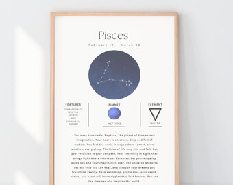 Pisces Zodiac Print Wall Art, Pisces Horoscope Poster, Digital Download, Zodiac Sign Gift